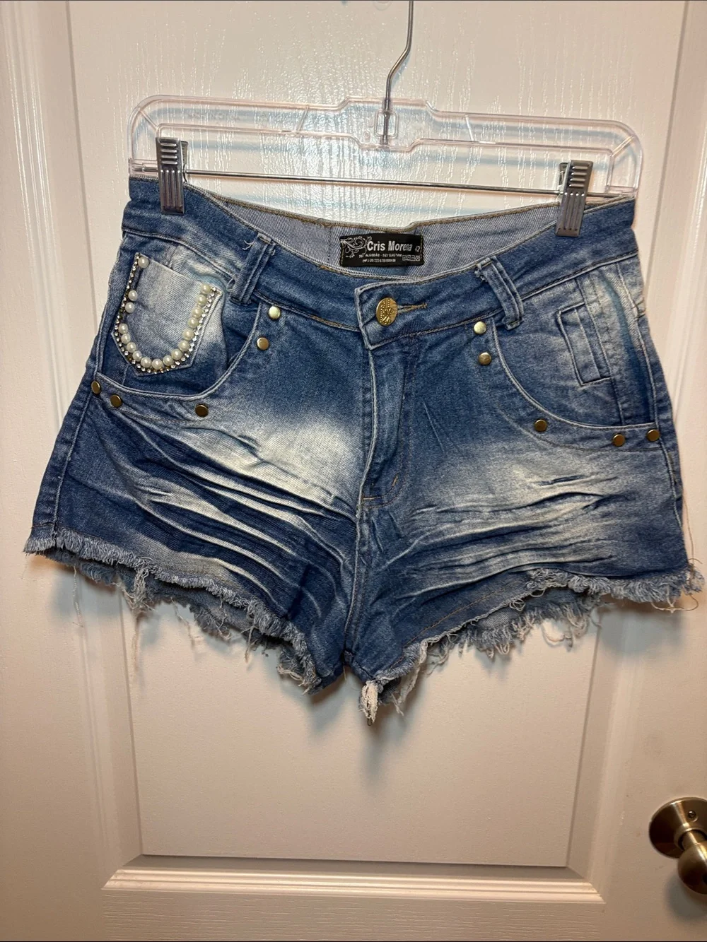 Distressed Blue Pearl-Accent Denim Shorts